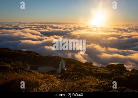 Sunrise over low cloud below mountains, over the Wairarapa plains, Holdsworth-Jumbo circuit, Tararua Ranges, North Island, New Zealand Stock Photo