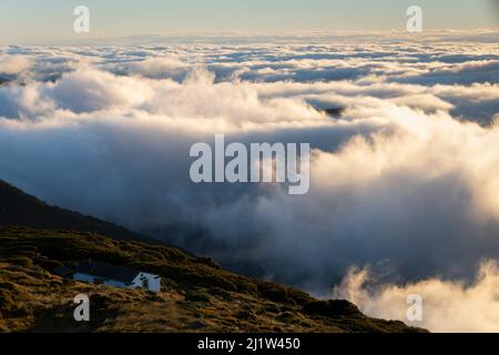 Low cloud below mountains, over the Wairarapa plains, Holdsworth-Jumbo circuit, Tararua Ranges, North Island, New Zealand Stock Photo