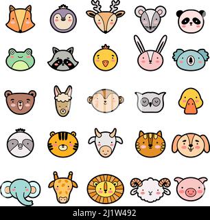 Animal faces. Cute kawaii heads different expression emoticons wild animals set recent vector cartoon stylized set Stock Vector