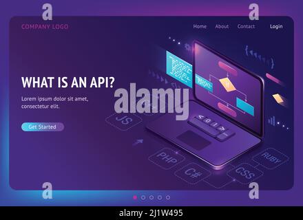 Api application programming interface isometric landing page, software development tool, information technology, programming languages on laptop scree Stock Vector