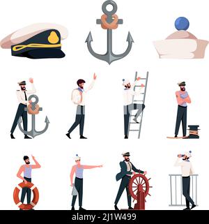 Captains and sailors. Navy marine or ocean workers mariner sailors in costume garish vector set Stock Vector
