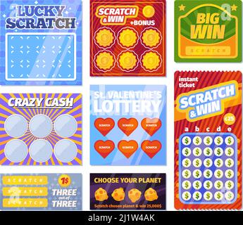Lottery tickets. Scratching printing lottery winning royal cards with victory prizes garish vector templates colored set Stock Vector