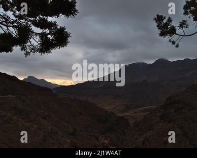 View over the mountains of western Gran Canaria, Canary Islands, Spain in the evening with cloud-covered sky and the branches of trees in front.
