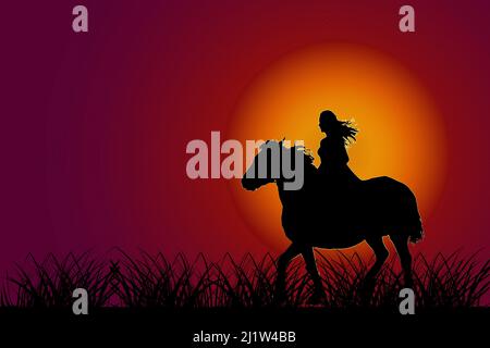 Girl on horse at sunset. Horse with rider silhouette on sundown sky background.Riding girl, twilight with red sun and night meadow.Vector illustration Stock Vector