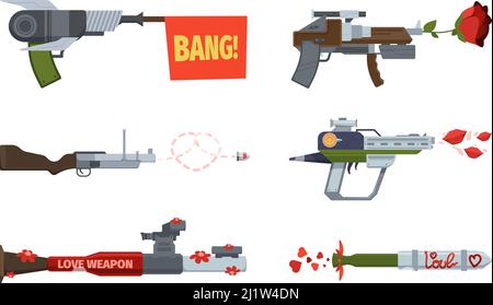 Flowers from gun. Love concept pictures shooting weapons with floral decorative beauty flowers and hearts garish vector colored cartoon pictures Stock Vector