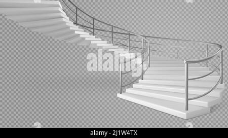 Spiral staircase, white stairs with railings isolated on transparent background. Helical round ladder with metal tube banisters and stone steps. Moder Stock Vector