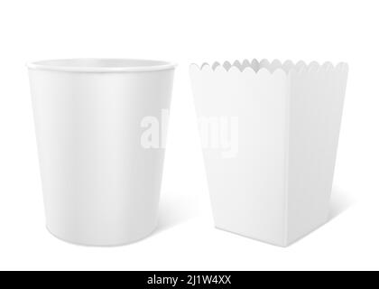 Blank bucket for popcorn, chicken wings or legs mockup isolated on white background. Empty pail fastfood front and side view. Paper hen bucketful desi Stock Vector