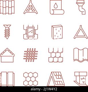 Roofing icons. Stylized symbols of construction roofing materials architectural tools house waterproof items garish vector templates set Stock Vector