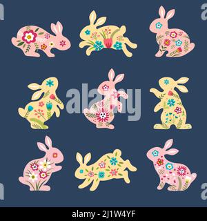 Easter rabbits. Silhouettes of animals bunnies with botanical decoration flowers and chocolate eggs recent spring selebration vector templates Stock Vector