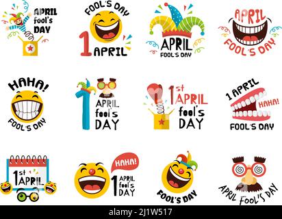 1 april symbols. Fools day emblems and logos with place for text recent vector template set Stock Vector