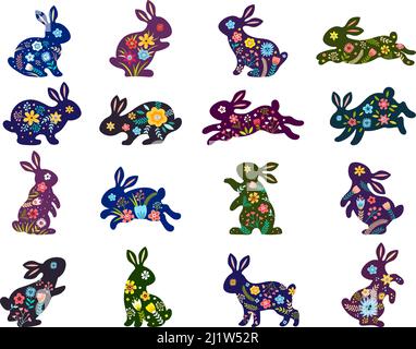 Easter bunnies. Spring designs silhouettes with pictures of leaves and flowers with easter chocolate eggs recent vector decoration templates Stock Vector