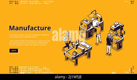 Manufacture isometric landing page. Industrial stuff production on modern plant. Workers in robe on factory manufacturing process with lathe, welding Stock Vector