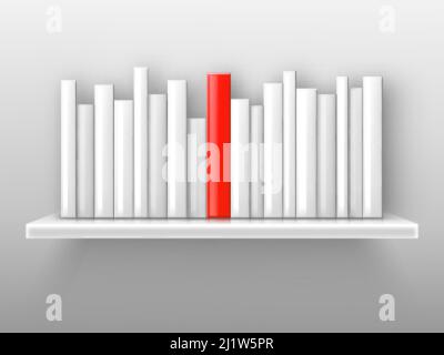 White books and red one on shelf. Concept of unique, lead and difference. Vector realistic illustration of blank books, literature or study texts in l Stock Vector