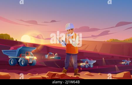 Man in helmet working on mining quarry. Opencast mine with dumpers, excavator and workers. Vector cartoon illustration of ore extraction open cast and Stock Vector