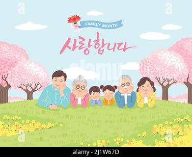 Family month, happy family on the lawn in the park on a spring day. I love you, Korean translation. Stock Vector