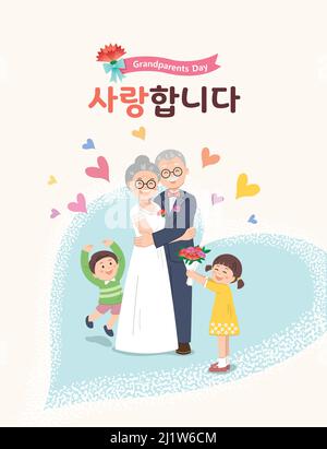 Grandparents day, happy family. Grandfather and grandmother are congratulated by their grandchildren. I love you, Korean translation. Stock Vector