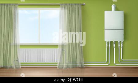 Boiler water heater on wall connected with radiator in room with plastic tubes and curtained window. Home appliance for comfort modern central heating Stock Vector