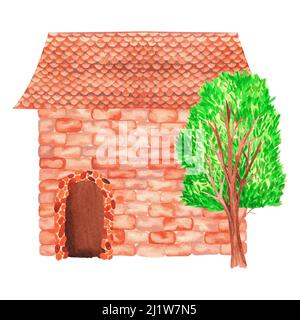 Brick house with a tree. Watercolor illustration. Isolated on a white background. For your design of nursery interior items, stationery, book covers Stock Photo