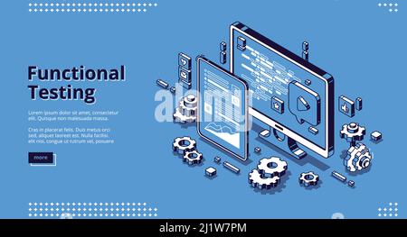Software testing isometric landing page. Functional test, mobile application and website platform development, dashboard usability optimization for co Stock Vector