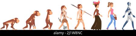 Evolution of woman. Hunter girl, homo sapiens and monkey. From primate to human and android. Cartoon fashion adult and primitive prehistoric decent Stock Vector