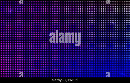 Led wall video screen with blue and purple dot lights on black background. Vector background with grid pattern of pixels for led display. Digital pane Stock Vector