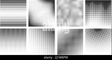Halftone gradient effect. Black halftones gradients, dots patterns background. Abstract stipple noise textures, pop art design. Grain fades exact Stock Vector