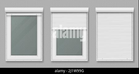 Plastic window with rolling shutter isolated on transparent background. Vector realistic set of closed and open roller up for glass window, white meta Stock Vector
