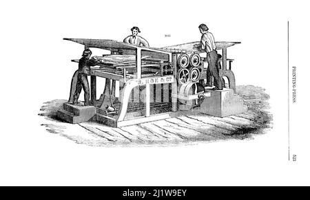 Printing Press from Appleton's dictionary of machines, mechanics, engine-work, and engineering : illustrated with four thousand engravings on wood ; in two volumes by D. Appleton and Company Published New York : D. Appleton and Co 1873 Stock Photo