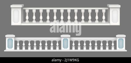 Marble balustrade, white balcony railing or handrails. Banister or fencing sections with decorative pillars. Panels balusters for architecture design Stock Vector