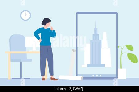 Female architect. Interior designer working on architecture project. Woman engineer construction look at buildings on screen, architecture recent Stock Vector