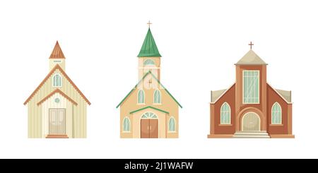 Vector set of illustrations of the Protestant Church. Religious architectural building. Flat style Stock Vector