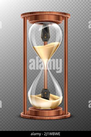 Life is short, RiP concept, hourglass with coffins inside and pouring sand. Glass clock in wooden frame, realistic 3d vector timer with flowing grains Stock Vector