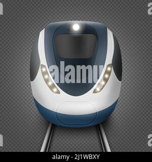 Train or metro, front view, subway locomotive on rails with windshield and illumination. Modern city transport, railway commuter isolated on transpare Stock Vector