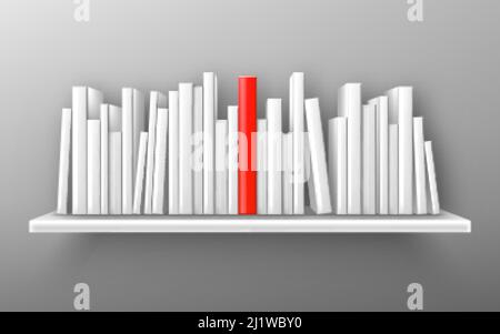 Books on white bookshelf, bestseller mockup with red cover stand on shelf in library or store. Booklets, diary volumes with empty spines stand in row Stock Vector