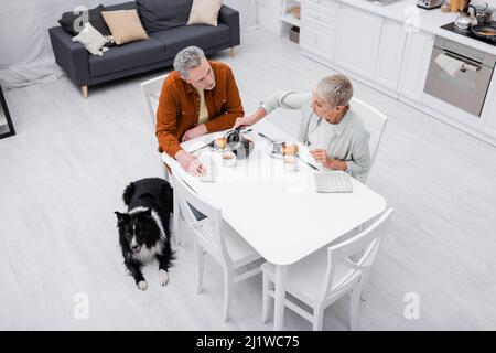 Overhead view of senior woman pouring coffee near husband, breakfast and border collie in kitchen Stock Photo