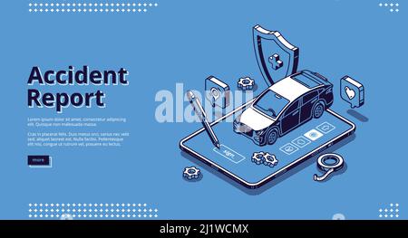 Accident report banner. Online service for registration car crush and damage. Vector landing page of police report of vehicle accident with isometric Stock Vector