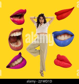 Contemporary art collage. Young stylish woman standing around talking mouths isolated over yellow background Stock Photo