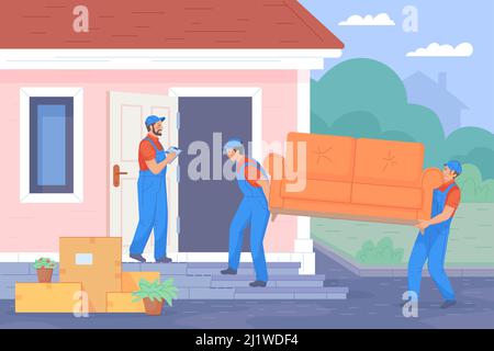 Unloading furniture service. Movers carry sofa with box move house, porter man logistics company, workers package relocation in house or apartment, vector illustration. Delivery service, cargo worker Stock Vector
