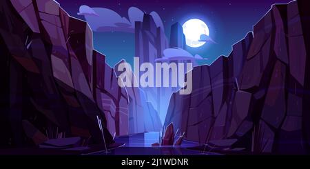 Mountain river in canyon at night. Vector cartoon landscape of nature park, water stream in gorge with stone cliffs and rocks. Grand canyon national p Stock Vector