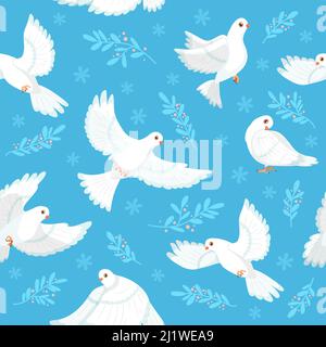 Dove seamless pattern. White flying pigeons, cartoon free birds flock motion, peace symbols, plant sprigs and flowers, blue background. Decor textile Stock Vector