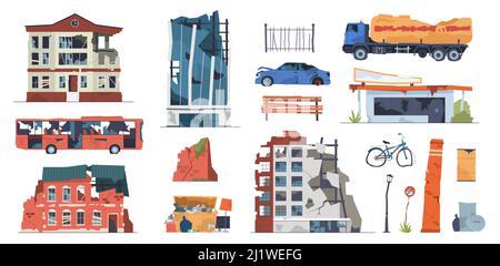 Damaged city objects. Collapsing urban buildings and transport, post ...