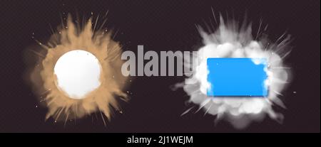 Dust explosions with rectangle and round banner. Splashes of brown and white powder isolated on transparent background. Vector realistic clouds of san Stock Vector