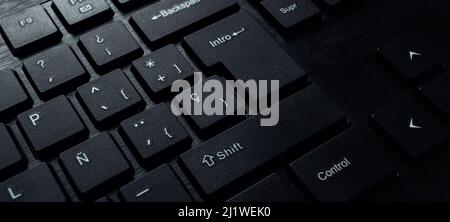 Close up of computer black keyboard. Technology concept with copy space. Internet of things. Stock Photo