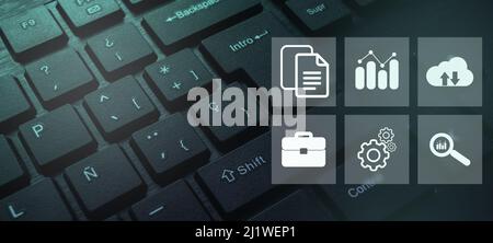 Keyboard with digital administration interface. Document Management System Concept. Corporate business technology. Online documentation database. Stock Photo