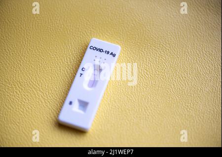 Rapid antigen detection test (RADT) with COVID-19 Ag inscription and one red stripe showing a NEGATIVE Stock Photo
