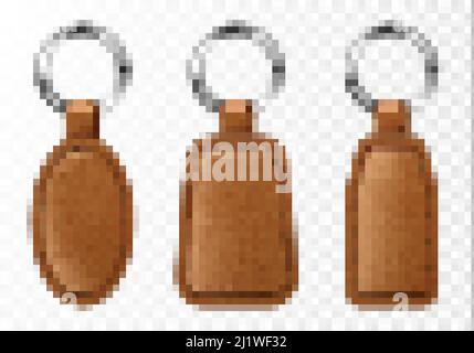 Leather keychains, chinese brown keyring holders with metal rings. Accessories or souvenir trinkets for home, car or office isolated on transparent ba Stock Vector