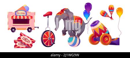 Circus stuff and elephant on ball, big top tent animal artist, monowheel bicycle, ice cream booth and balloons, tickets, cannon and maracas. Amusement Stock Vector