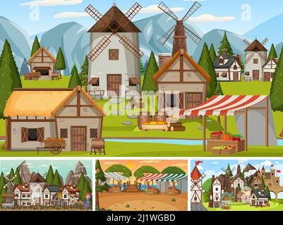 Set of different scene medieval illustration Stock Vector