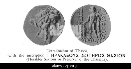 Tetradrachm of Thasos, with the inscription : Herakles Saviour or Preserver of the Thasians from the book ' Religious Character of Ancient Coins ' by Jeremiah Zimmerman published in 1908 by Spink & Son Ltd. Stock Photo