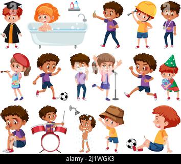 Set of children doing different activities on white background illustration Stock Vector